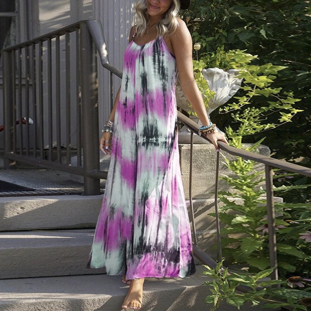 Vestido largo maxi para mujer Tallas grandes sin mangas con cuello en v estampado Tie-dye Correas de Abanopi Rosa/Medio