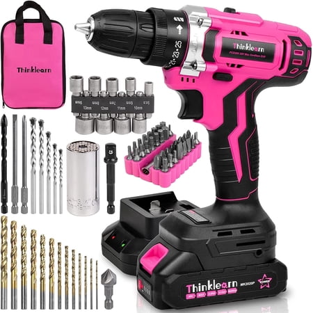 thinklearn pink cordless drill set, 20v lithium-ion power drill set for women with 67pcs drill driver bits, 3/8"keyless chuck, 25+1 position electric drill, 2.0ah battery, fast charger and storage bag