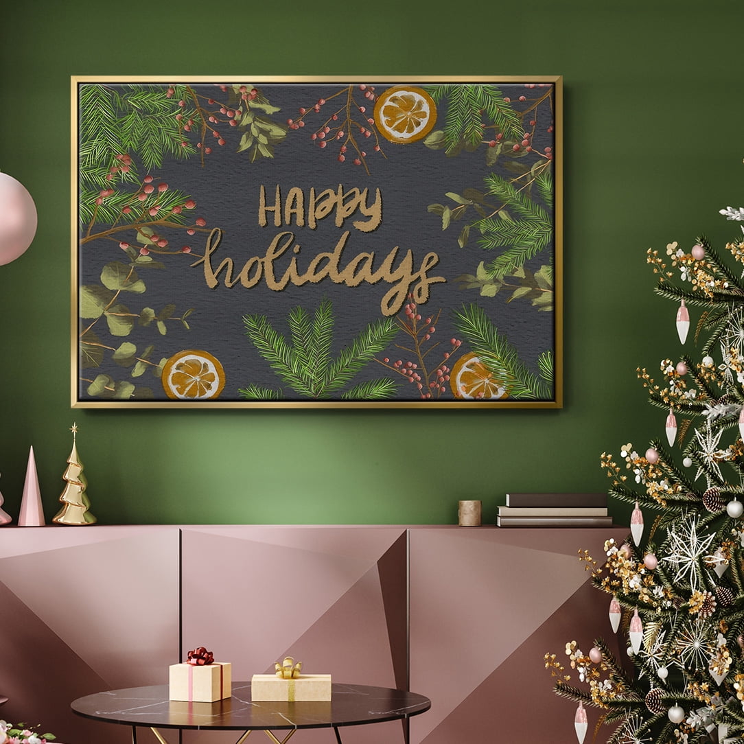Holiday Sentiment II - Framed Gallery Wrapped Holiday Canvas - 17 x 25 - Gold Frame