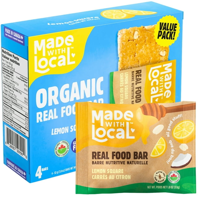 Made with Local Lemon Square Organic Energy Bars (Organic, Gluten-Free, Non-GMO Protein, Simple Ingredients, Made in Canada) 4 bars