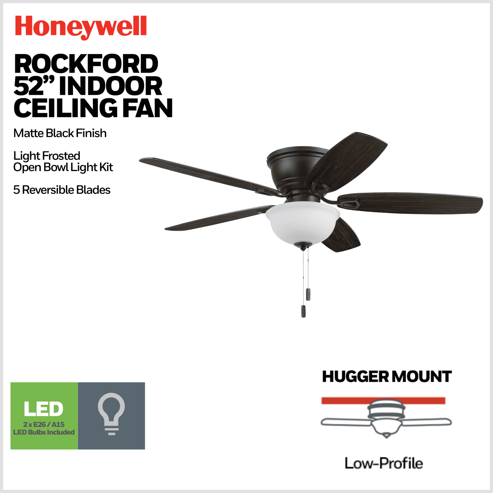 Honeywell Rockford 52" Traditional Black Indoor Ceiling Fan with Light, Pull Chains & Reversible Motor