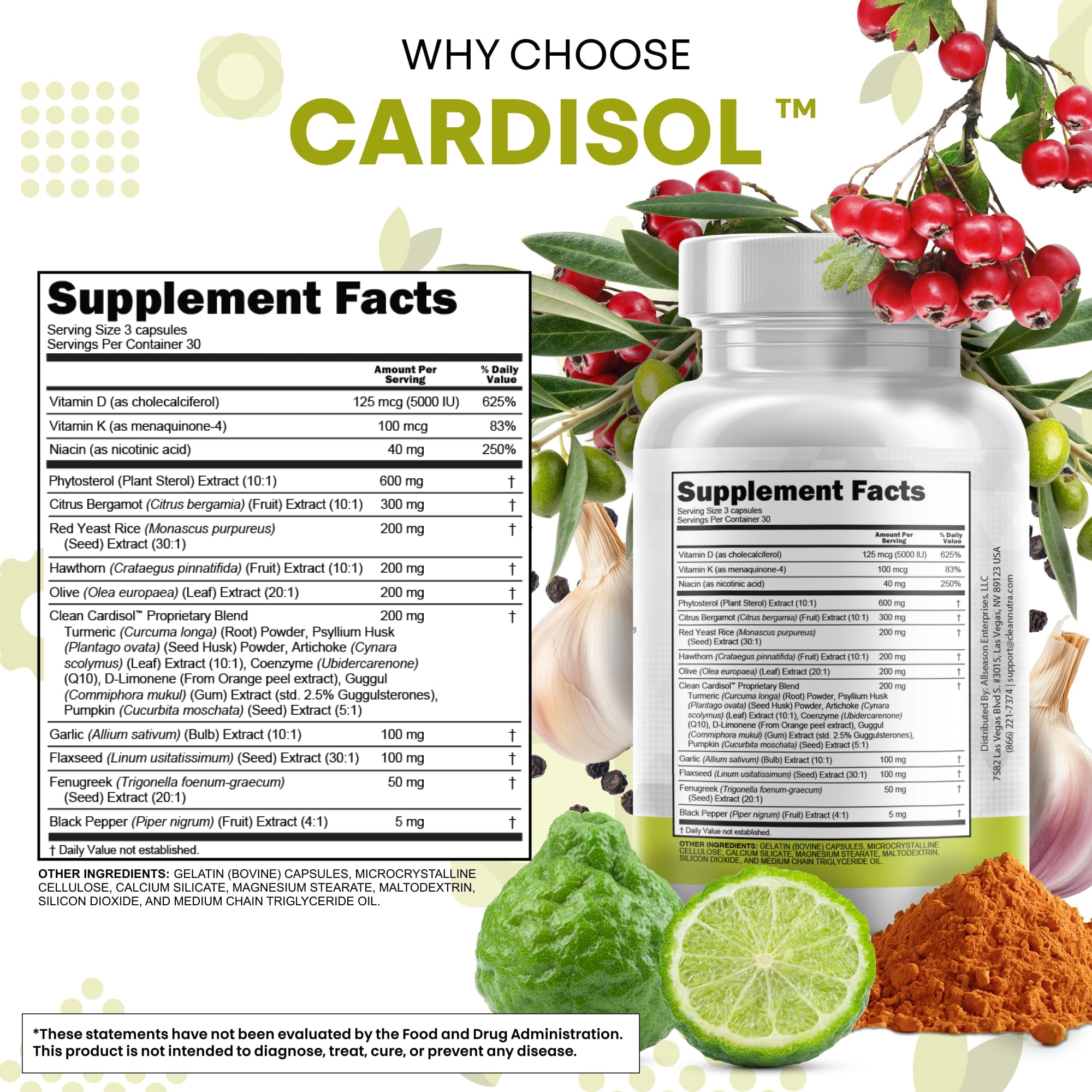 Clean Nutraceuticals Citrus Bergamot Red Yeast Rice Capsules with Plant Sterols - with Hawthorn Extract Olive Leaf Niacin Vitamin K3 D3 COQ10 Guggul & More