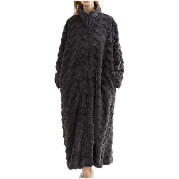 TEAJOPSUU Plush Nightgown for Women Full Zip Up Neck Thickened Robes Warm Comfortable Long Bathrobe Loungewear Gray