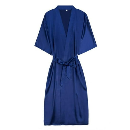 

Maynos Ladies New Imitation Silk Casual Nightgown And Home Wear Pure Color Pajamas With Belt M-2XL Dark Blue