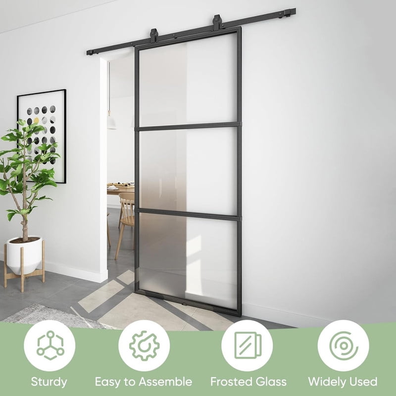 Easy4Home 36"x84" Frosted Glass Sliding Barn Door with Track and Hardware Kit