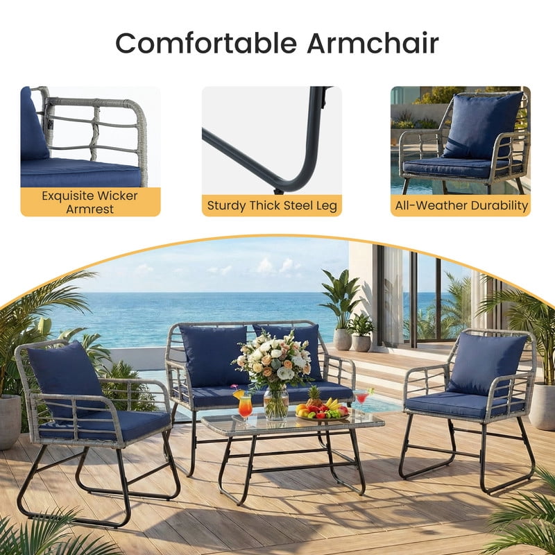 Gianna 4 Piece Patio Furniture Set, Outdoor Patio Seating Set for Apartment Balcony, Space-Saving Rattan Conversation Set with Loveseat and Side Table for Patio, Front Porch, Gray