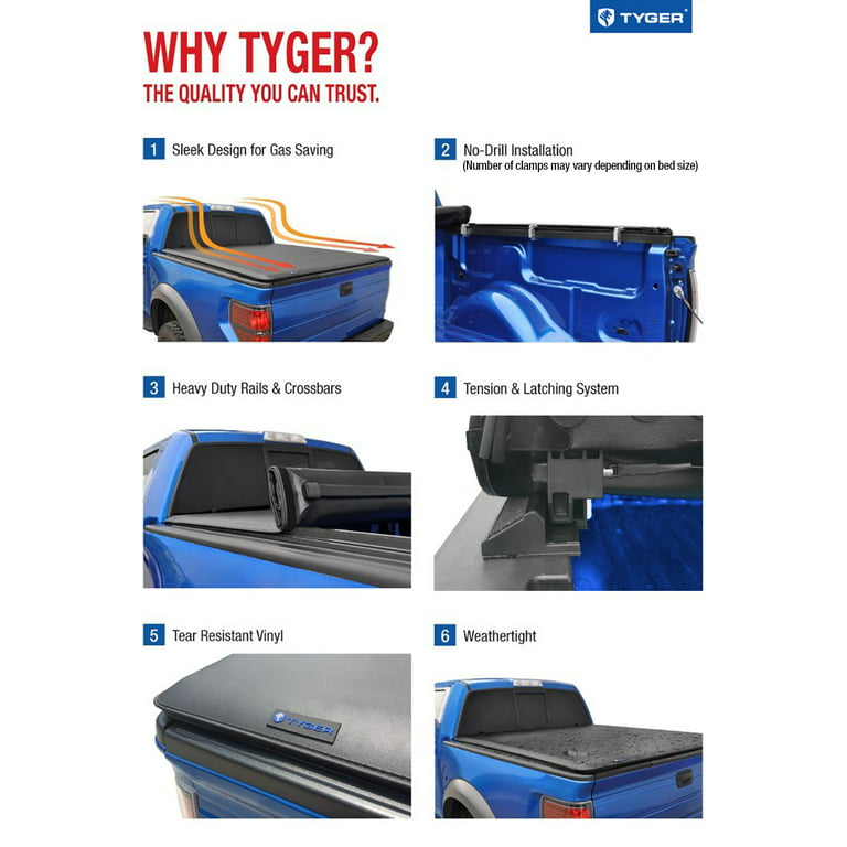 Tyger Auto T1 Soft Roll-up Truck Bed Tonneau Cover Compatible with  2019-2023 Ford Ranger | 5\' Bed | TG-BC1F9066 | Vinyl