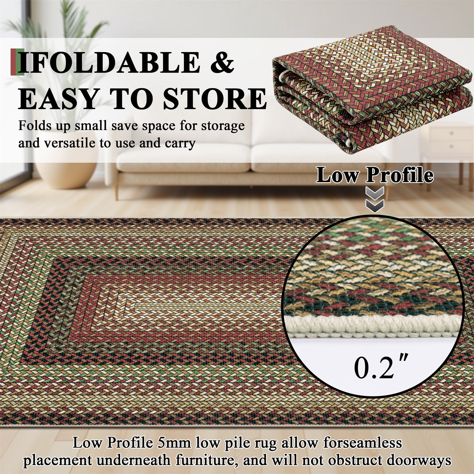 5' x 8' Braided Jute Print Area Rug Washable Non-Slip Pet Friendly Carpet with Concentric Design, Stain Resistant for Living Room, Bedroom & Home Office