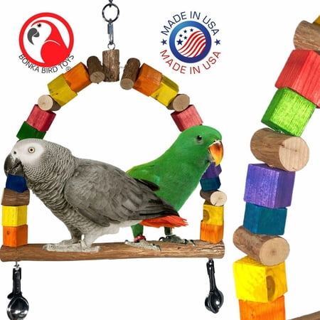 Bonka Bird Toys 2337 Large Swing Perch Wood Block Natural Perch Stainless Steel Noise Maker Amazon African Grey Macaw and Other