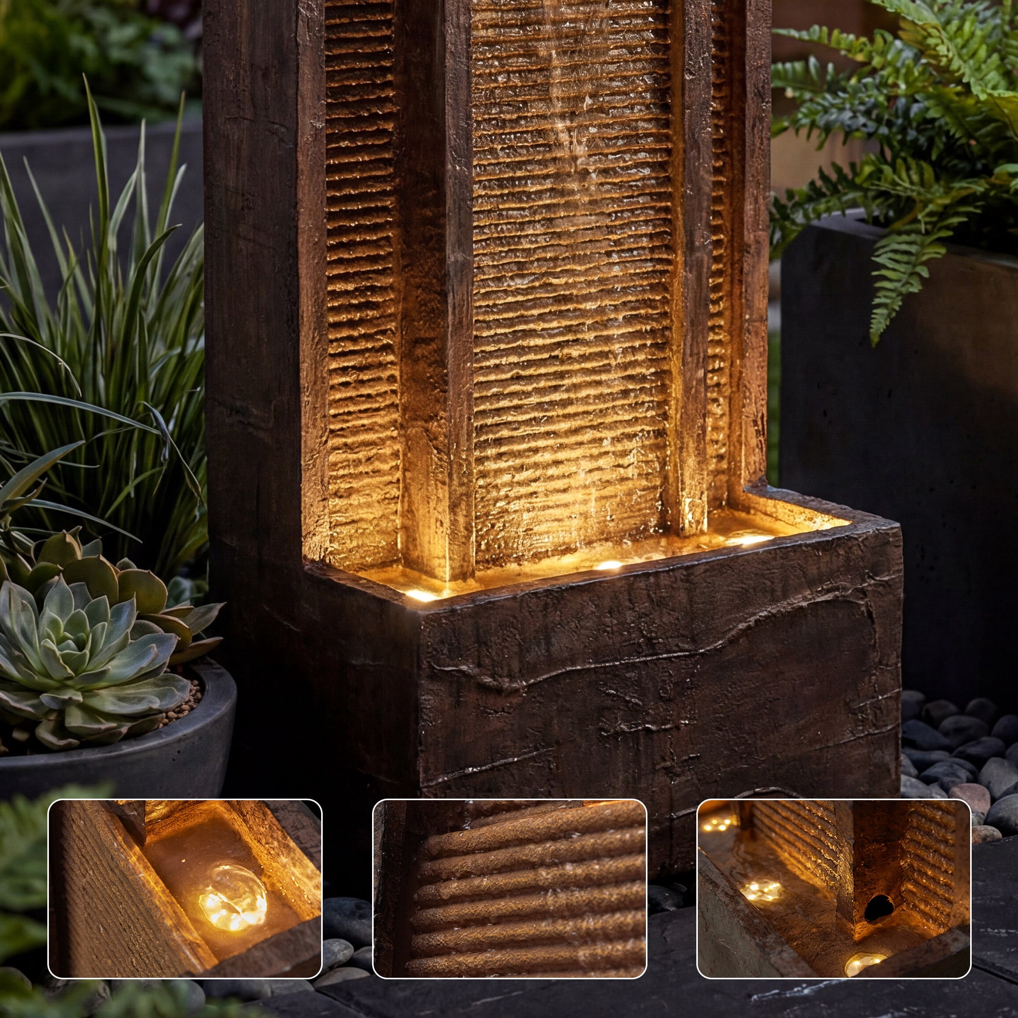 VBAL 40"H Outdoor Modern Curved Faux Slate Resin Waterfall Fountain with Warm LED Lights and Soothing Water Sound, Home Art Decor for Garden, Patio, Yard, Deck, Porch, Balcony in Brown