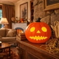 thumbnail image 2 of Round Eyed Jack O Lantern Pumpkin, Jagged Grin Pumpkin LED Light, Halloween Pumpkin Figurine for Mantel Table Covered Porch Indoor Fall Seasonal Home Decor, 2 of 7