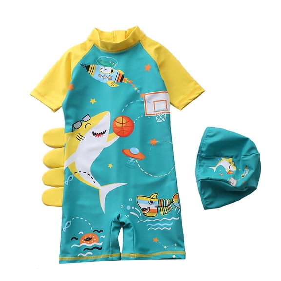 Newborn Baby Infant Boys Swimsuit with Hat Cartoon Print Short Sleeve Round Neck Jumpsuit Bathing Suit A21