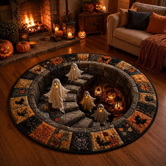 3D Optical Illusion Haunted Staircase Round Rug, 3D Halloween Optical Illusion Rug, Ghost Quilted Carpet Skeleton Pumpkin Home Decor for Living Room Door Indoor Party