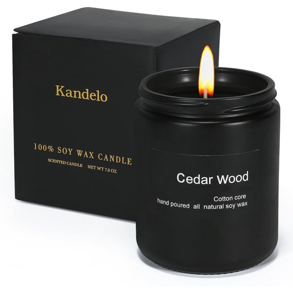 Scented Candle - 7oz, 45hr Burn, Cedar Scent, Black Jar, Soy, Reusable, Gifts for Men & Women