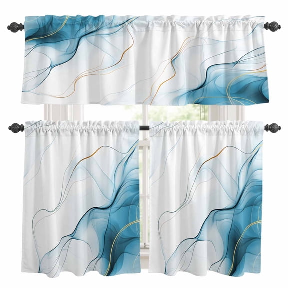 Marble Blue Kitchen Curtains Sets for Windows 24 Inch Length, Gold White Modern Gradient Ocean Wavy Ripple Rod Pocket Window Treatments Tier Curtains and Valances Set for Bedroom/Bathroom