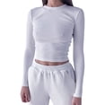 thumbnail image 1 of TRKIYQC Tops cortos de primavera para mujer, camiseta ajustada de manga larga con cuello redondo acanalado de color sólido TRKIYQC moda, 1 of 4