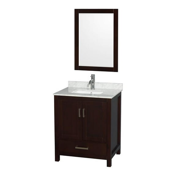 Wyndham Collection Sheffield 30 Inch Single Bathroom Vanity in Espresso, White Carrara Marble Countertop, Undermount Square Sink, and 24 Inch Mirror