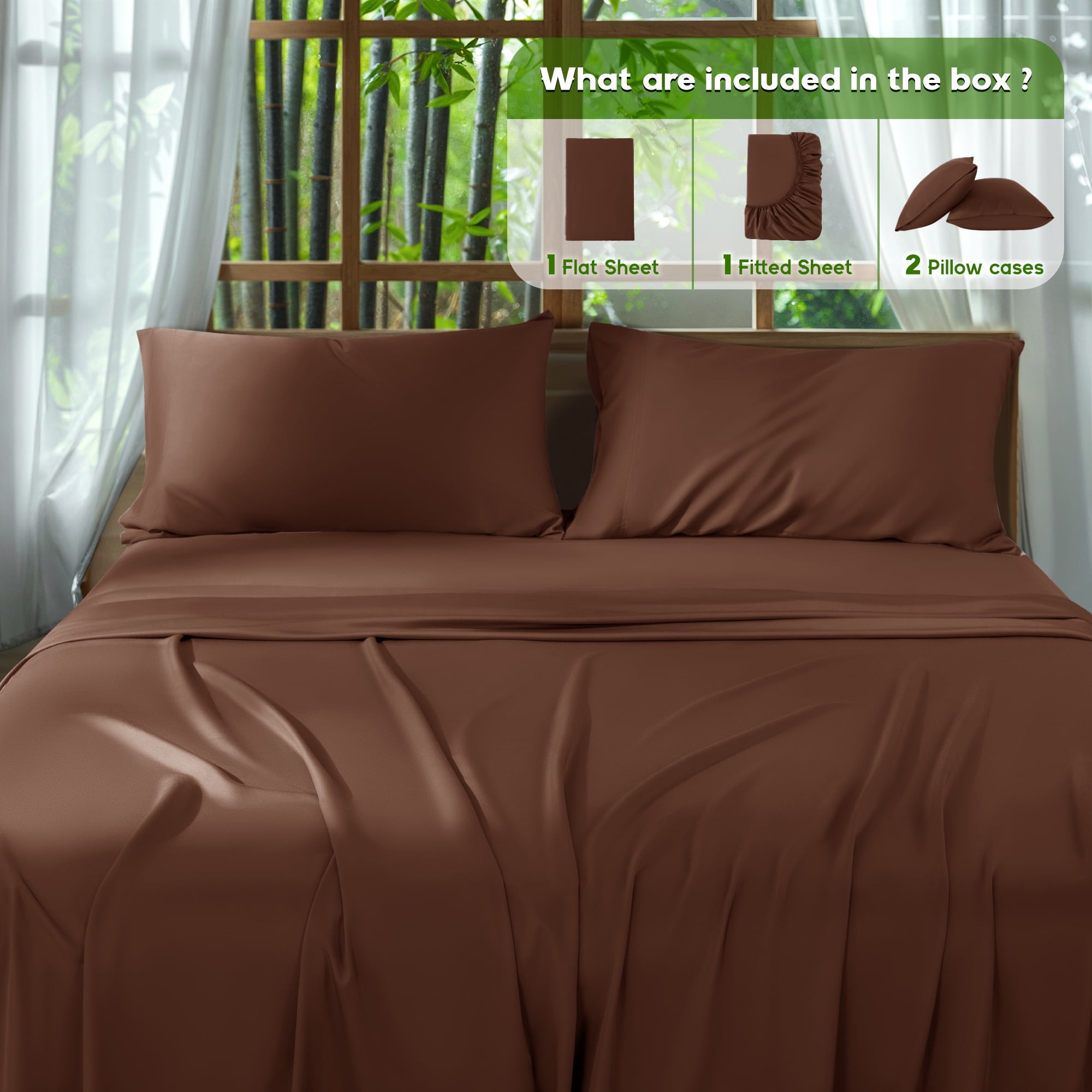 Sonoro Kate Luxury Cooling Bamboo Bed Sheet Set - Deep Pockets - 3 Piece, Twin, Brown