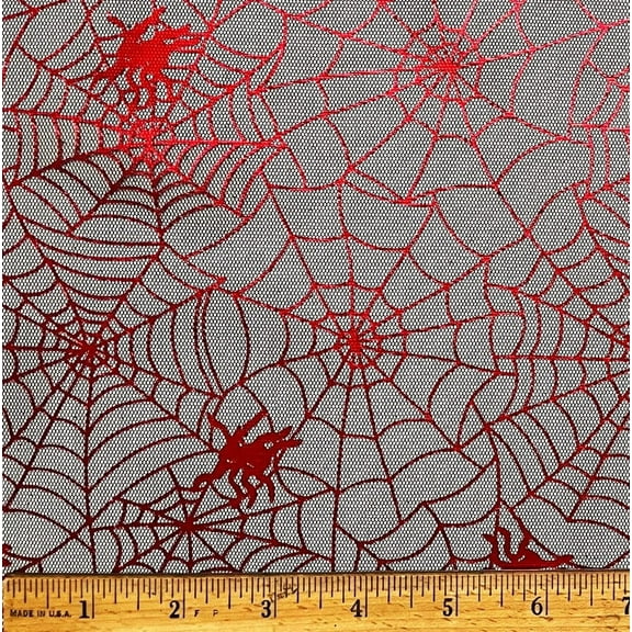 1 Yard - Halloween Red Glitter Spiders Web on Black Polyester Mesh Fabric (Great for a Costume, Party Table Decoration, Sewing, Craft Projects, & More) 1 Yard X 58" Wide