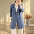 thumbnail image 4 of Ltctricy Long Blazers for Women 3/4 Sleeve Lapel Button Cotton Linen Casual Work Jackets Loose Outwear Coats with Pockets(Blue,Medium), 4 of 7