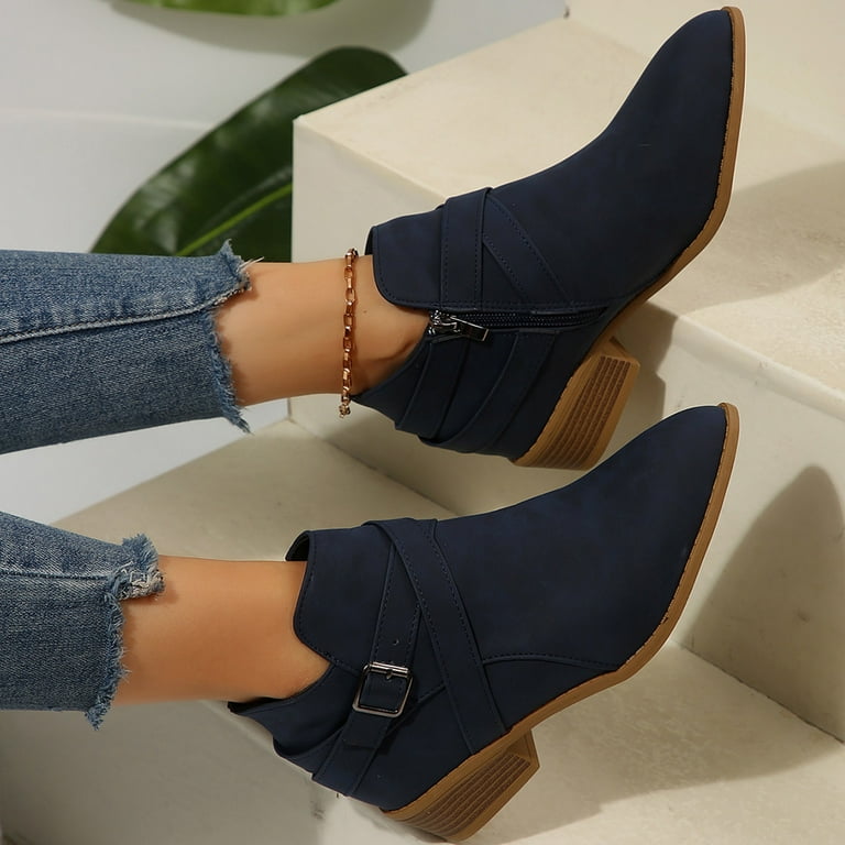 Rokment Dress Boots for Women 2025 Fashion Buckle Winter Fall Comfortable Pointed Toe Low Heel Dressy Ankle Booties, Women's, Size: 7, Blue