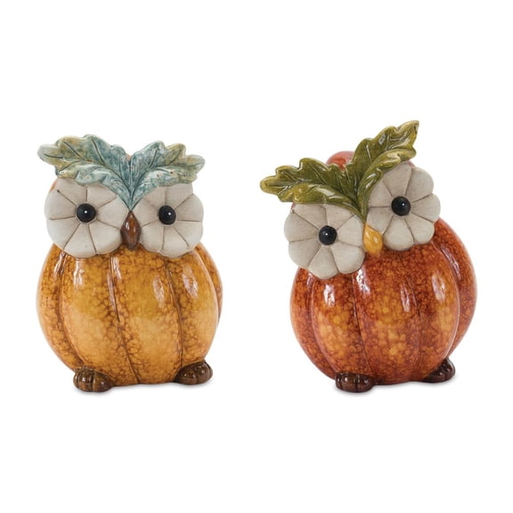 Melrose Set of 2 Orange and Yellow Pumpkin Owl Tabletop Thanksgiving Figurines 7"