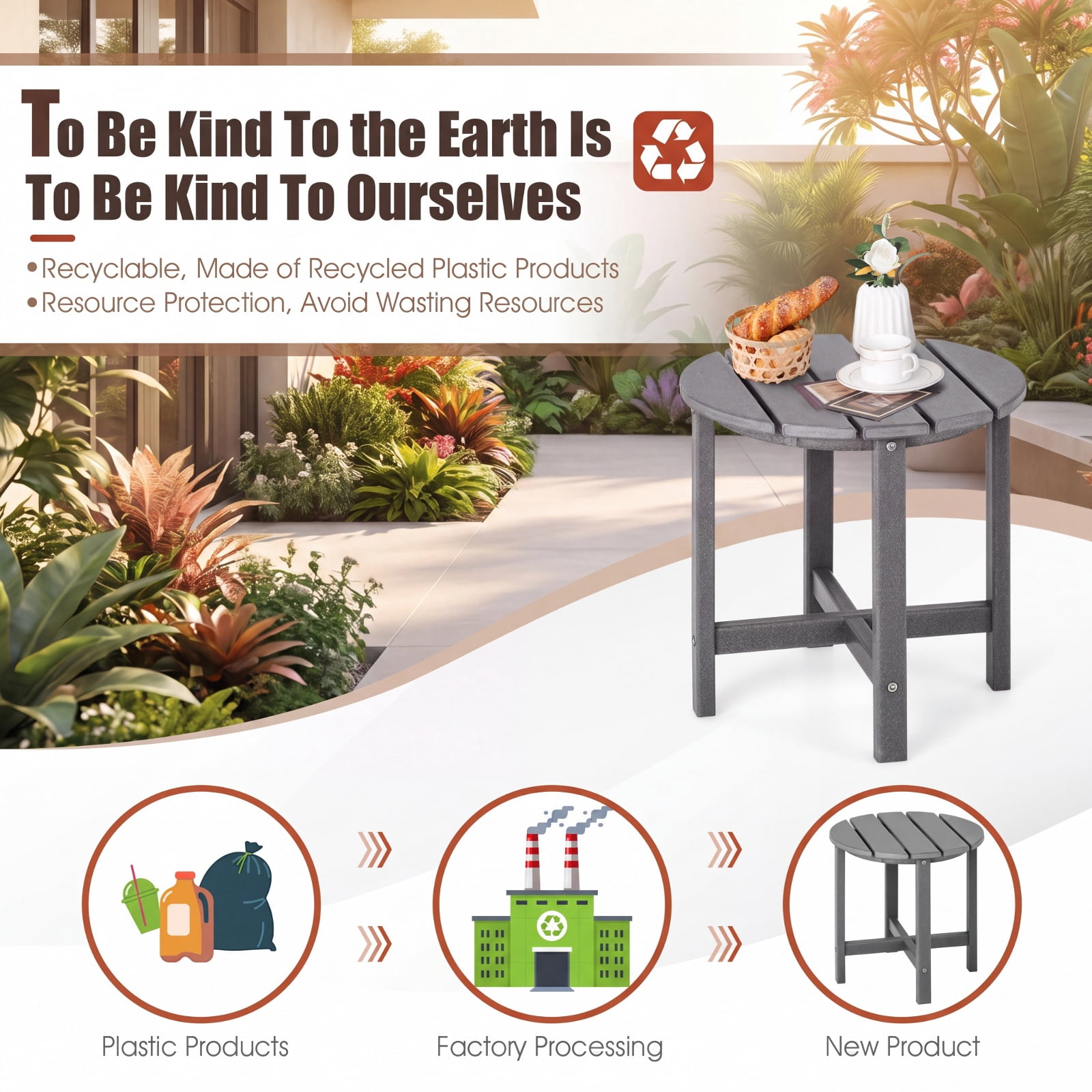 Furnibear Set of 2 18 Inch Round Weather Resistant Adirondack Side Tables with Slatted Top and HDPE Build for Patio Poolside and Garden, Gray