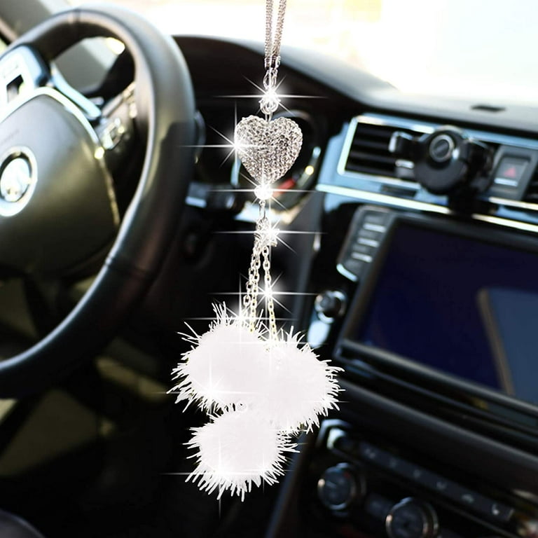 Bling Car Mirror Accessories for Women Men Bling Love Heart and Pink Plush  ball Bling Rinestones Diamond Car Accessories Crystal Car Rear View Mirror