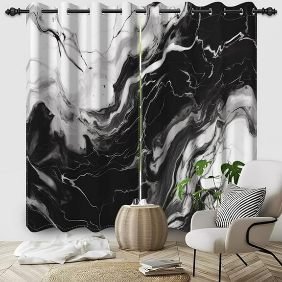 Black And White Blackout Curtains, Luxury Abstract Black Window Curtain For Living Room Modern Marble Room Darkening Drapes With Grommets 42"W x 63"L (Pack of 2)