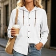 thumbnail image 6 of Womens Tops 100% Cotton Hooded Button Down Fashion Drawstring Long Sleeve Jacket Top, 6 of 7