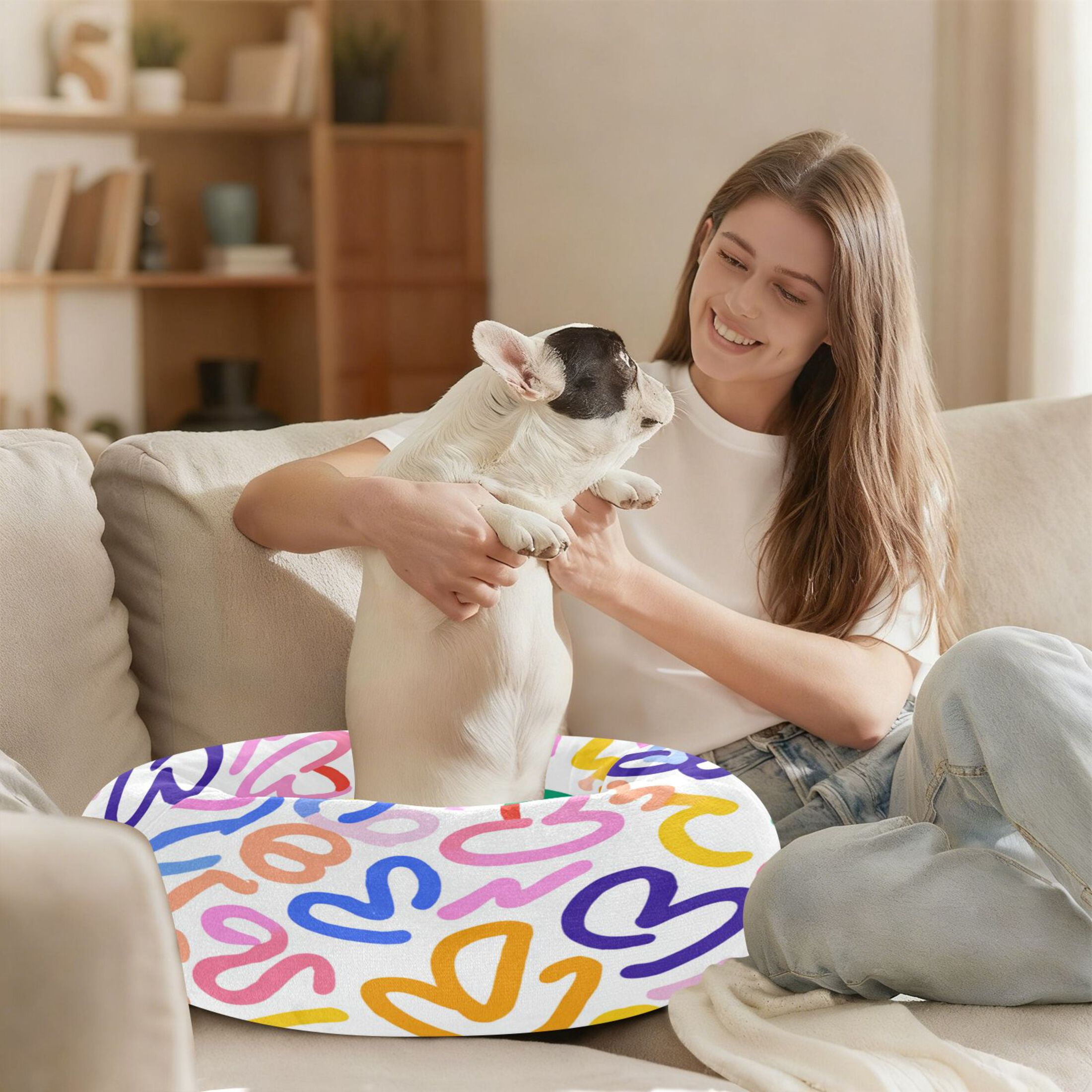 Iauyy Pet Couch Donut Cat Bed for Indoor Cats/Small Dogs Washable & Machine with Non-slip Bottom Calming Cat Furniture, Capture Love (M)