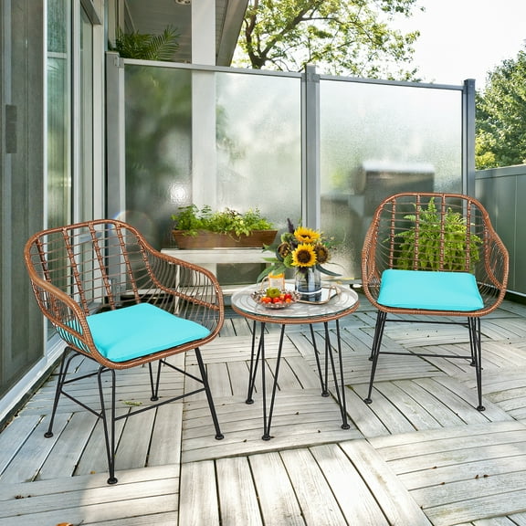 Costway 3PCS Patio Rattan Bistro Set Table Armchair Garden Turquoise Cushion