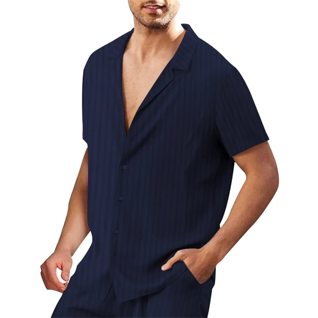Camisas Casuales Para Hombre Camisa de manga corta hawaiana con rayas verticales a la moda para hombre, cárdigan informal, Tops, camisas para hombre (Navy, XL)
