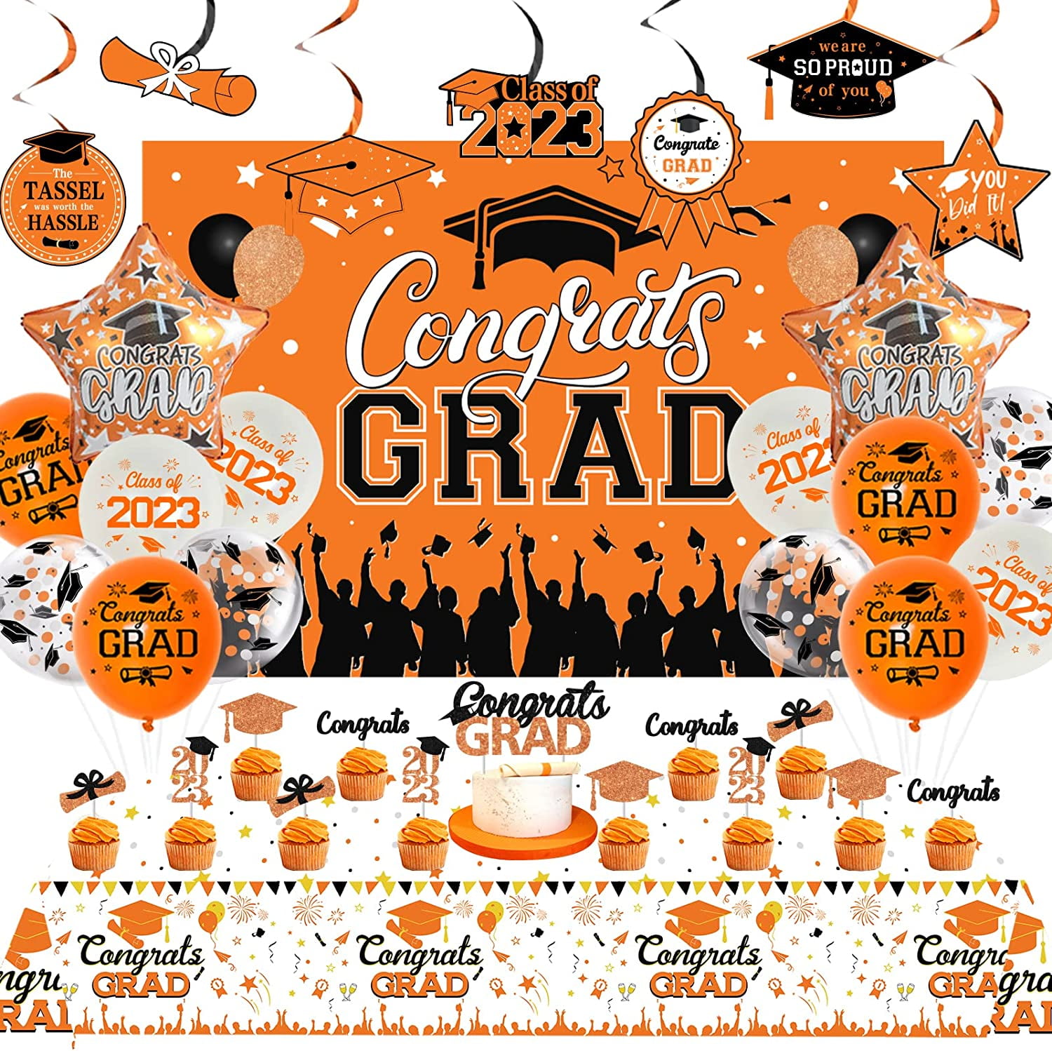 2023 Graduation Party Decoration Orange and Black, Congrats Grad Backdrop & Tablecloth Cake