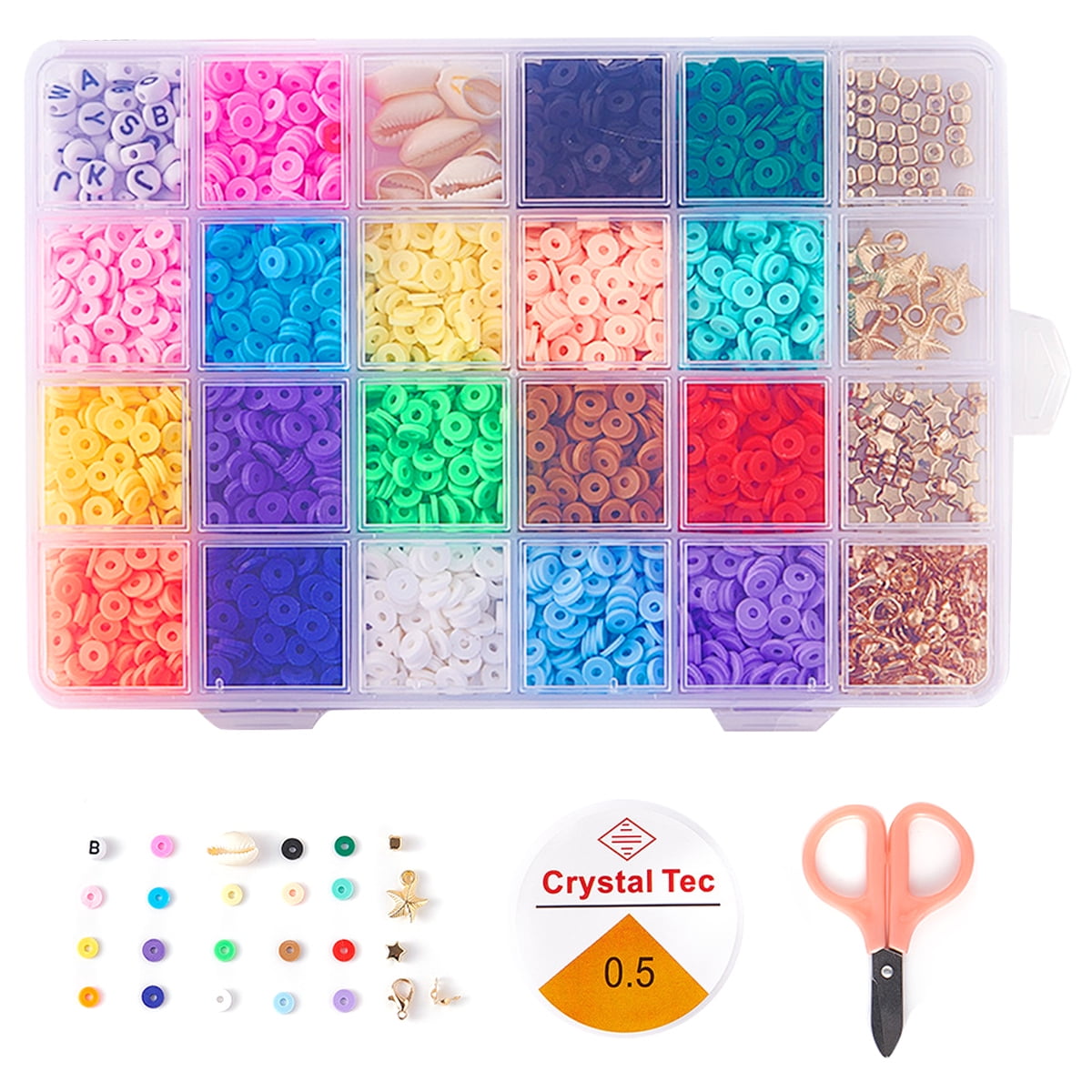 Open Jump Rings 3600Pcs Clay Beads and Organizer Box for Jewelry Making DIY Bracelets Necklaces Key Chains 6mm Flat Round Polymer Clay Beads with Elastic String,Alphabet Beads Lobster Clasps