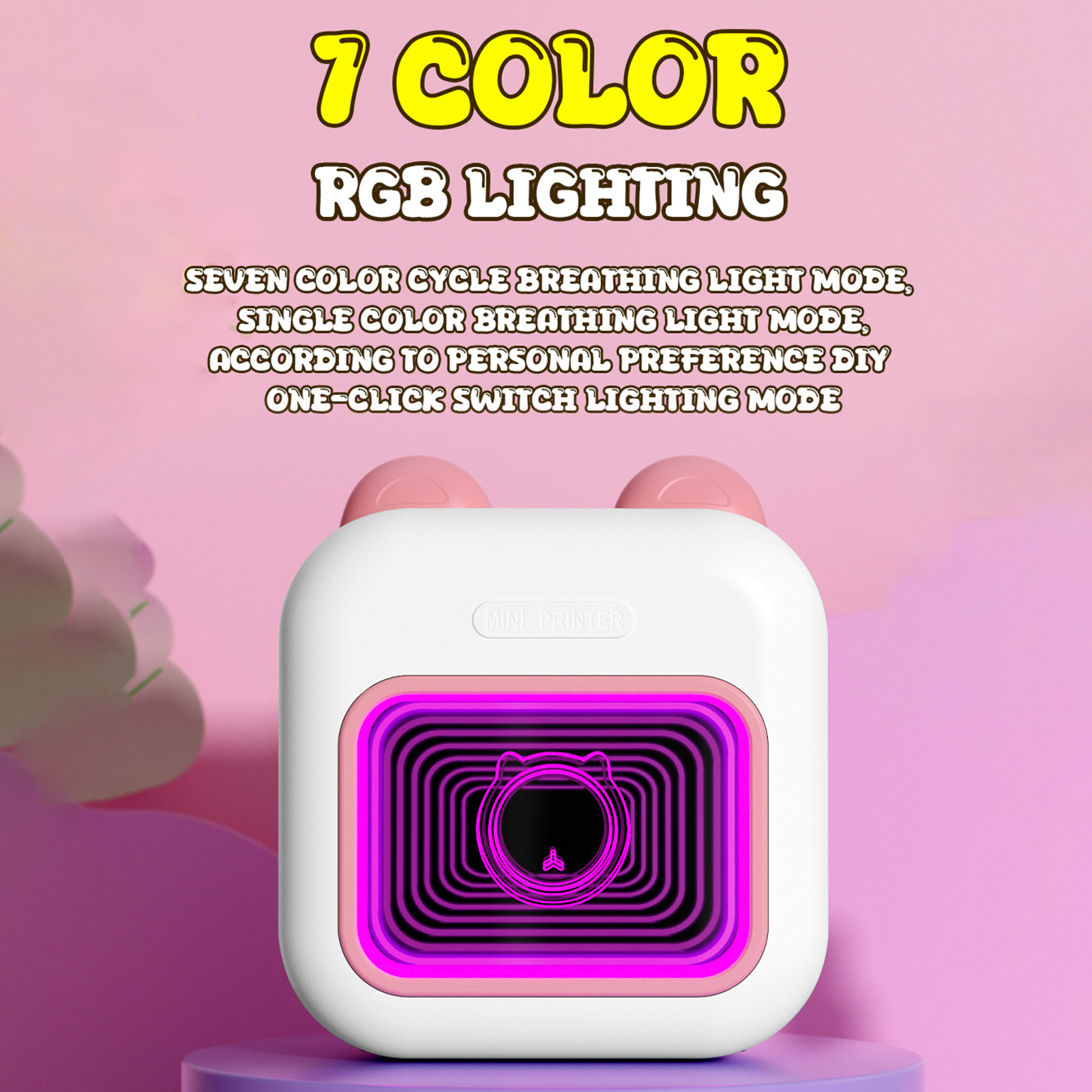 Mini Pocket Thermal Instant Photo Printer 7-Color LED Light Label Maker Machine BT Wireless Connect Compatible with Android or iOS APP Support Receipt Label Memo Sticker Notes Lists Scrapbook DIY