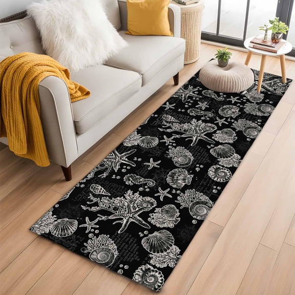 Black Coastal Starfish Kitchen Runner Rug 2x6 Washable Runners for Hallway Non Slip Vintage Coral Seahorse Shell Large Area Rug Indoor Floor Carpet for Bathroom Laundry Entryway Bedroom Living Room