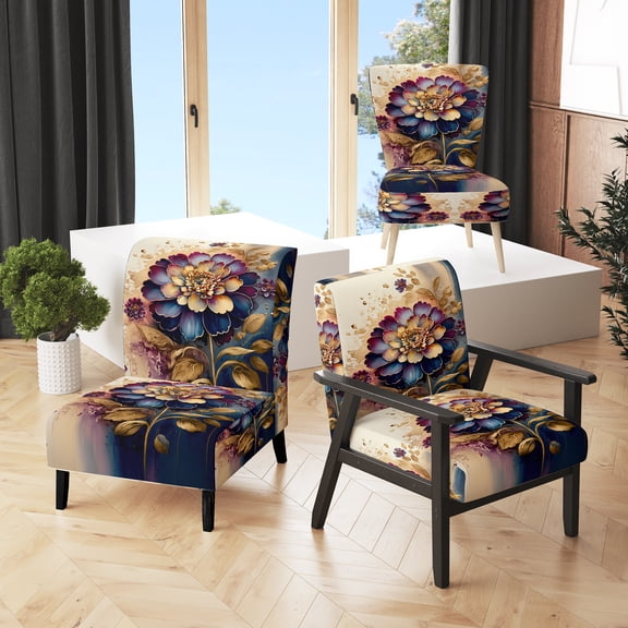 Designart "Zinnia Elegance in Night Shades I" Red Floral & Botanical Upholstered Accent Chair - Traditional Arm Chair For Living Room