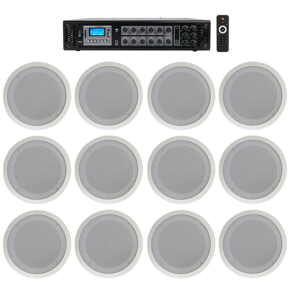 Rockville 6-Zone Amplifier (12) 8" 2-Way White Ceiling Speakers For Restaurant