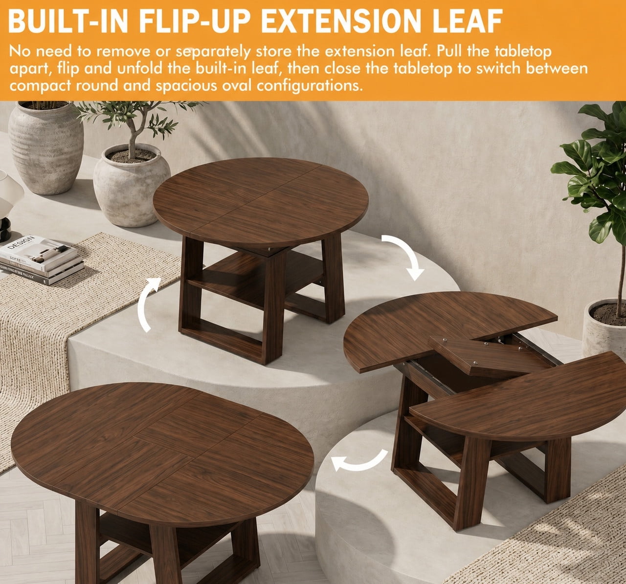 43"-59" Extendable Round-to-Oval Dining Table for 4-6 with Flip-Up Leaf, Kitchen Accent Dinner Table with Storage Shelf