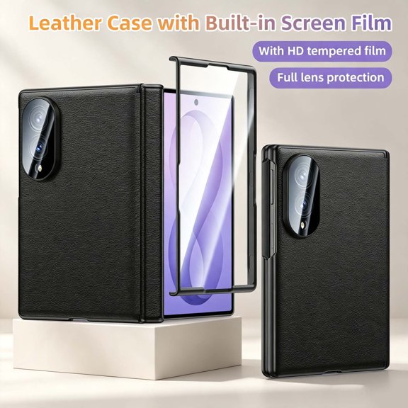 For Samsung Galaxy Z Fold8 Phone Case,Built-in Screen Protector,Camera Lens Protector,Anti-Scratch PU Leather Back,Hinge Protection,Rugged Shockproof Phone Case,Black HD Screen Protector