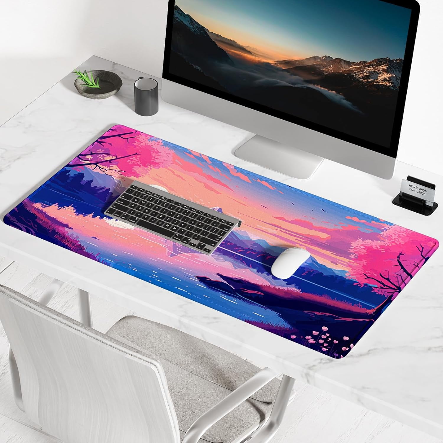 Large Mouse Pad, Desk Pad, XXL XL Extended Gaming Mouse Pad, Desk Mat for Office & Home, Long Keyboard Mat, Huge Mouse Pad, Desktop Full Cover 35.5 x 15.7 Inches, Anime Tranquil Sakura Lake