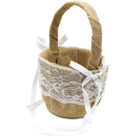 Burlap Flower Basket Vintage Retro Lace Bow Wedding Flower Girl Basket for Wedding Ceremony Party