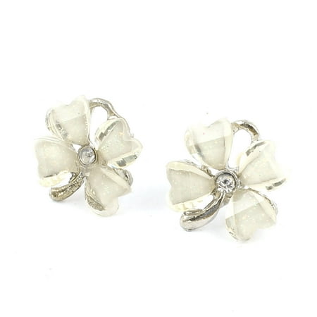 - Unique Bargains Lady Rhinestone Inlaid White Plastic Flower Shaped Clip Earrings Pair