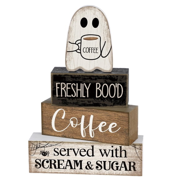 4 Pcs Halloween Decorations Table Decor Coffee Ghost Wooden Sign Halloween Tiered Tray Decor Farmhouse Ghost Tabletop Centerpiece Decorative Coffee Bar Block Signs for Home Office Kitchen Shelf