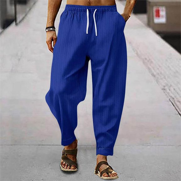 Yaoyar Breathable Summer Pants for Men, Solid Color Drawstring Trousers with Lightweight Feel, Casual Warm Weather Bottoms