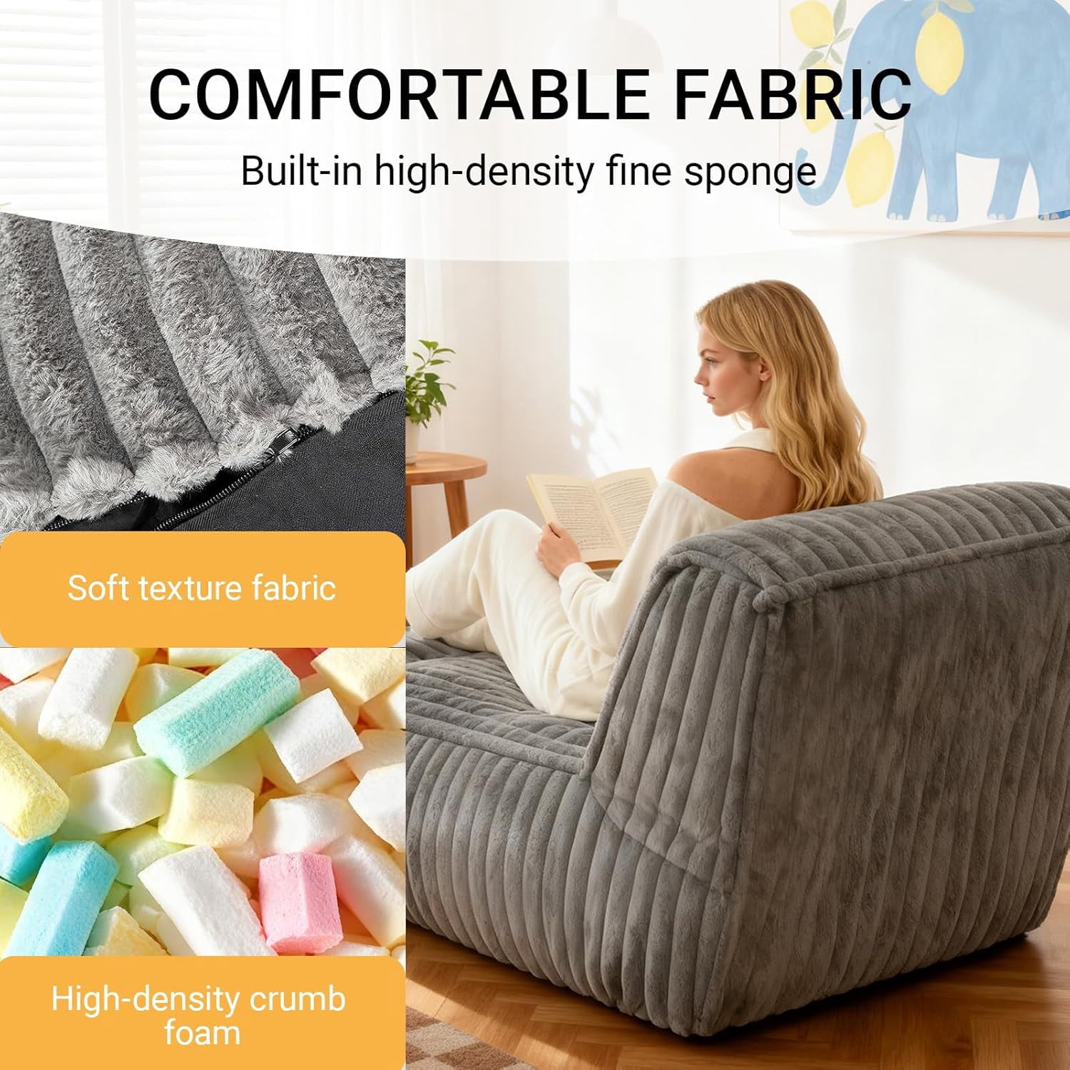 UZUGUL Giant Bean Bag Chair with Memory Foam Filled, Corduroy Lounge Sofa Chair for Bedroom Living Room, Light Grey