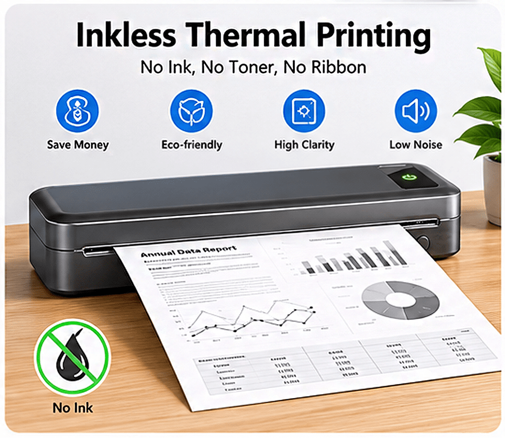 Phomemo Upgraded Portable Printers Wireless for Travel, Bluetooth Inkless Thermal Printer Support 8.5" X 11" US Letter, Mobile Printer for Phone Laptop, for Home Office Receipt, with 4 Rolls Paper