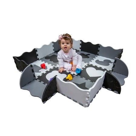 Cranium Giggle Gear - Wee Giggles Non-Toxic, Extra Thick Foam Baby Play Mat for Tummy Time and Crawling (Black/White/Gray)
