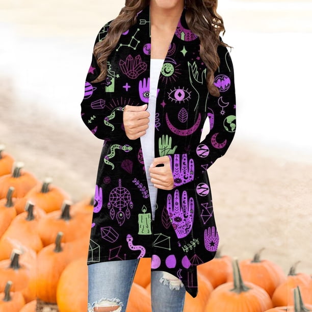 Women's Fashion Casual Halloween Print Medium Length Cardigan Jacket Coat